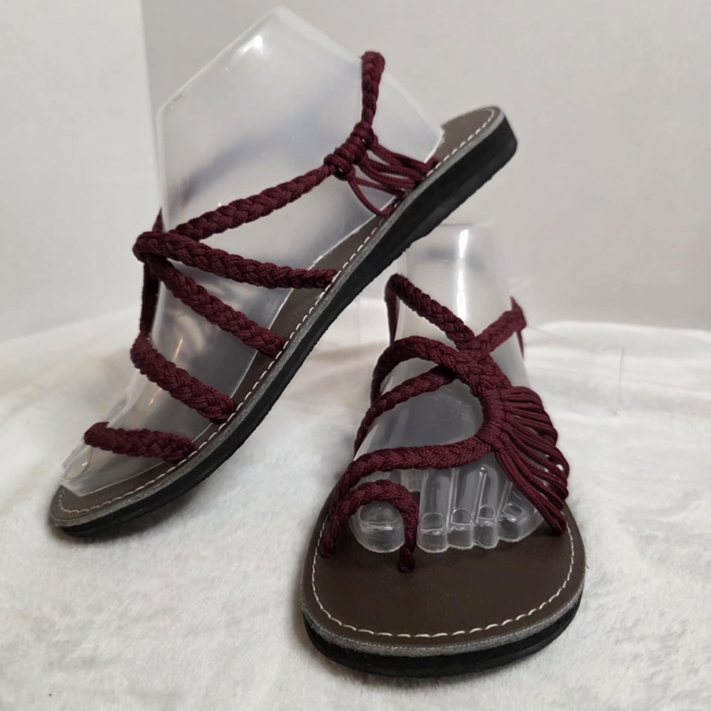 Plaka Flat Sandals Original Red & Brown Strappy Braided Palm Leaf Woven Size 10